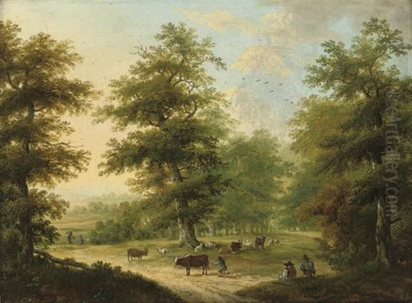 A Wooded Landscape With Drovers And Their Cattle Oil Painting by Jean Louis (Marnette) De Marne