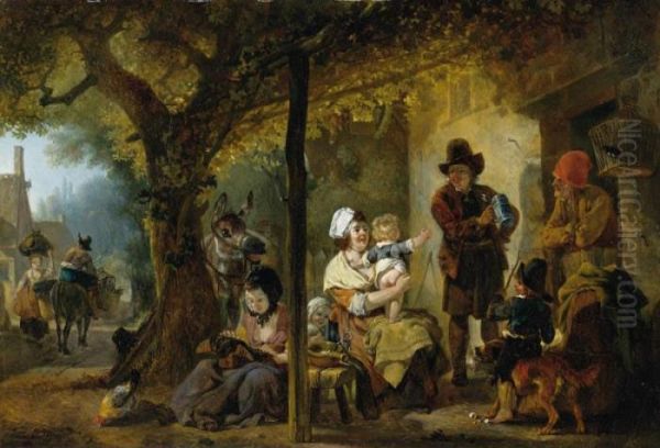 Une Famille Rassemblee Devant Une Auberge Oil Painting by Jean Louis (Marnette) De Marne