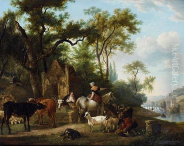 Scene Pastorale Pres D'une Fontaine Oil Painting by Jean Louis (Marnette) De Marne