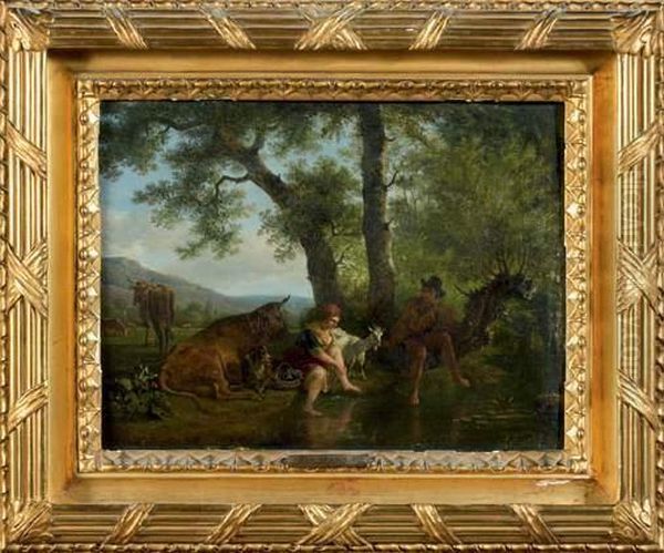 Pastorale Au Bord D'un Ruisseau Oil Painting by Jean Louis (Marnette) De Marne