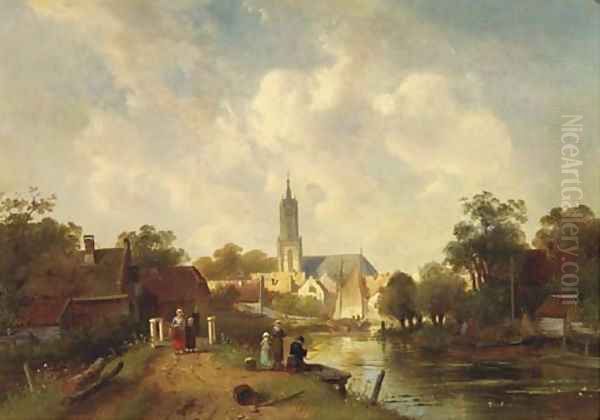 Along the river in summer, a town beyond Oil Painting by Charles Henri Leickert