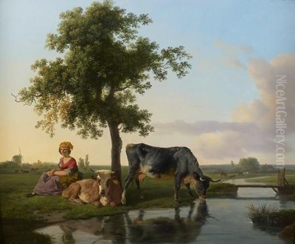 Le Repos D'une Bergere Et De Ses Vaches Sous Un Arbre Oil Painting by Jean Louis (Marnette) De Marne