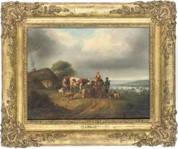 Figures Conversing Before A Cottage In An Extensive Landscape Oil Painting by Jean Louis (Marnette) De Marne