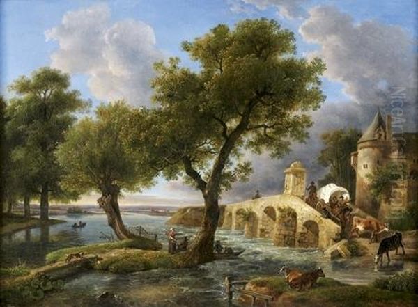 Chateau Fortifie Et Pont Sur Une Riviere Avec Des Bergers Oil Painting by Jean Louis (Marnette) De Marne