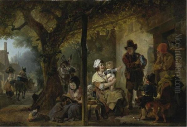 A Family Gathered Outside An Inn Oil Painting by Jean Louis (Marnette) De Marne