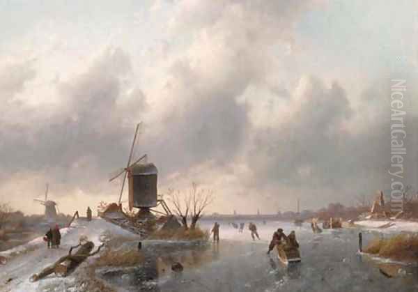 An extensive winter landscape at dusk with skaters on the ice and a koek and zopie in the distance Oil Painting by Charles Henri Leickert