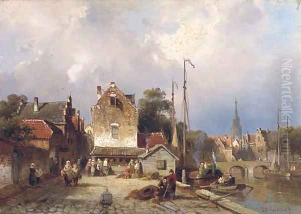 Daily activities on a quay in a Dutch town Oil Painting by Charles Henri Leickert