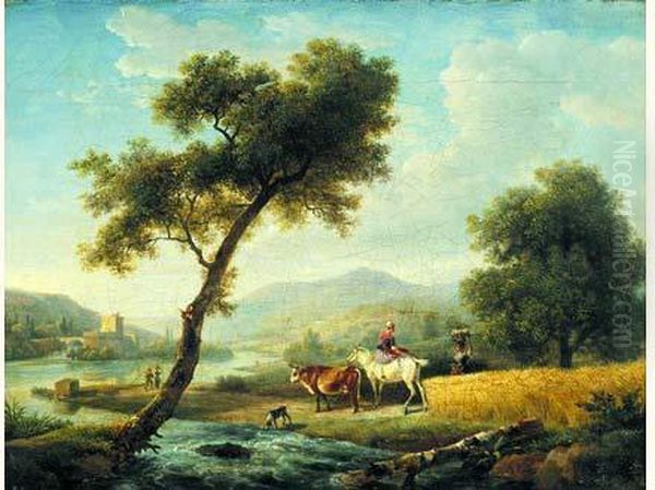 Deux Bergeres Pres D'une Riviere Oil Painting by Jean Louis (Marnette) De Marne