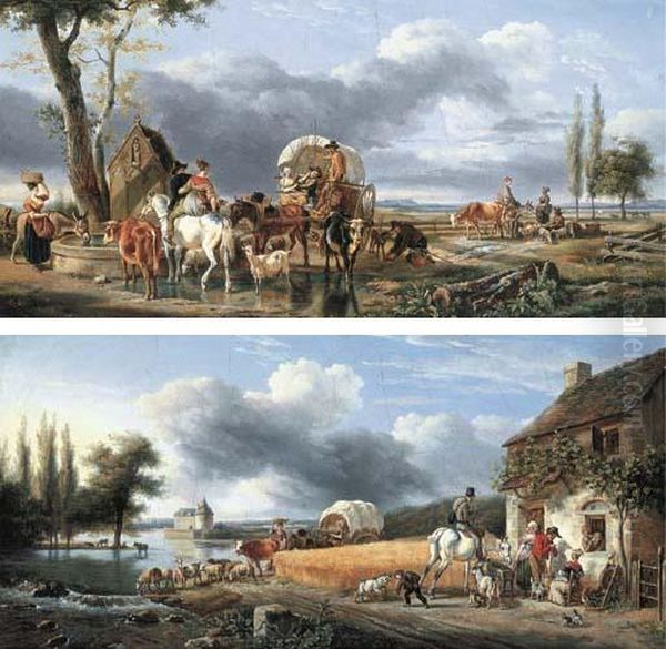 Travelling Peasants With Their 
Cattle And Sheep In A Landscape; Andfigures With Animals Outside An Inn 
Beside A Wheat Field Oil Painting by Jean Louis (Marnette) De Marne