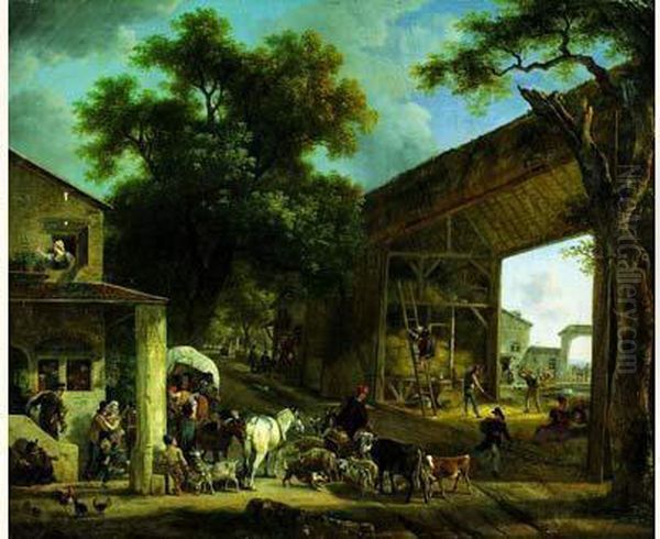 Une Halte De Bergers Et Leur Troupeau Devant Une Auberge Oil Painting by Jean Louis (Marnette) De Marne