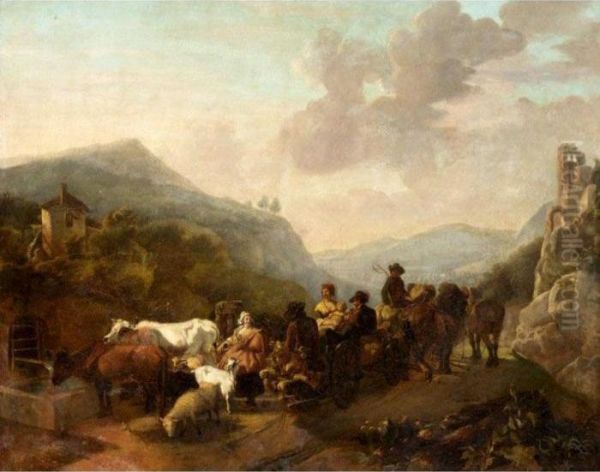 An Extensive Italianate Landscape With A Caravan Of Drovers Watering Their Animals Oil Painting by Jean Louis (Marnette) De Marne