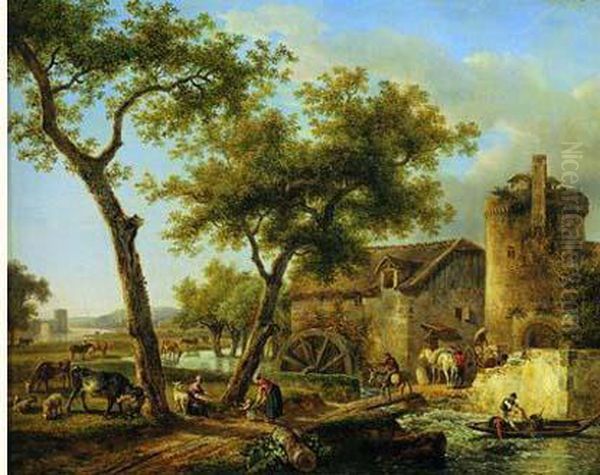 Paysans Et Leur Troupeau Pres D'un Moulin A Eau Oil Painting by Jean Louis (Marnette) De Marne