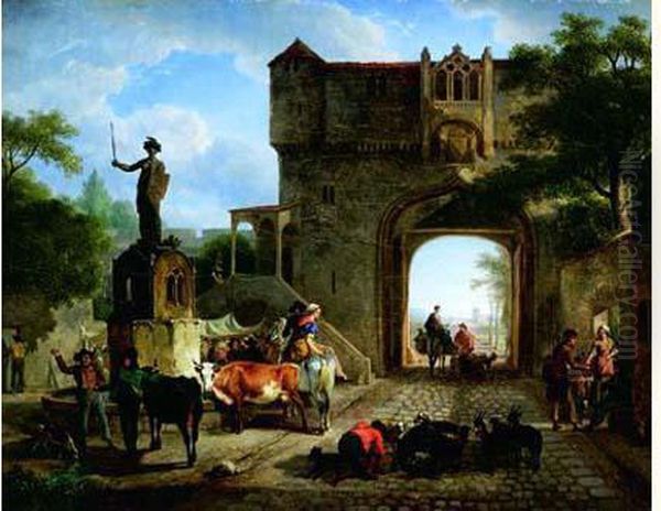 Scene De Marche A L'entree D'une Ville Fortifiee Oil Painting by Jean Louis (Marnette) De Marne