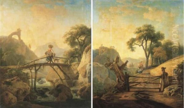 Une Bergere Et Son Chien Sur Un Pont; Et Une Paysanne S'avancantsur Un Chemin Oil Painting by Jean Louis (Marnette) De Marne