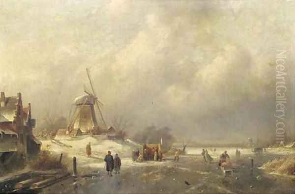 Figures and a koek en zopie on the ice by a windmill Oil Painting by Charles Henri Leickert