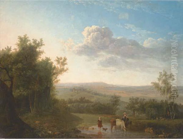 An Extensive Landscape With 
Cattle And Two Women Crossing A Ford, A Shepherd And Flock By A Tree Oil Painting by Jean Louis (Marnette) De Marne