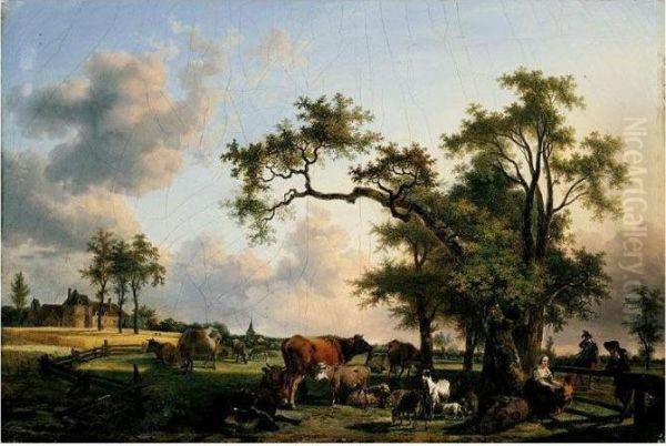 A Landscape With A Shepherdess 
Playing With A Child At The Edge Of A Paddock, A Chateau Beyond Oil Painting by Jean Louis (Marnette) De Marne