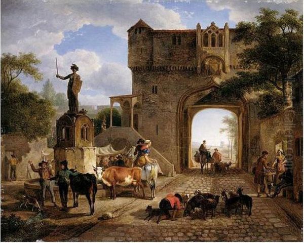 A Dairy-maid Watering Her Cattle Before The Gates Of A French Town Oil Painting by Jean Louis (Marnette) De Marne