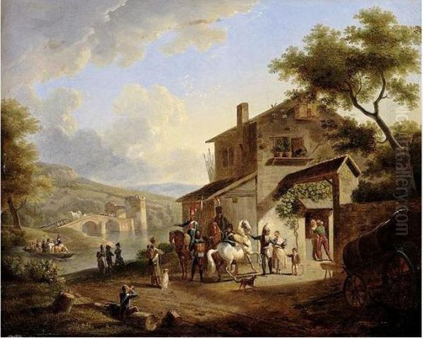 A Landscape With Soldiers Taking Leave From Their Families Oil Painting by Jean Louis (Marnette) De Marne