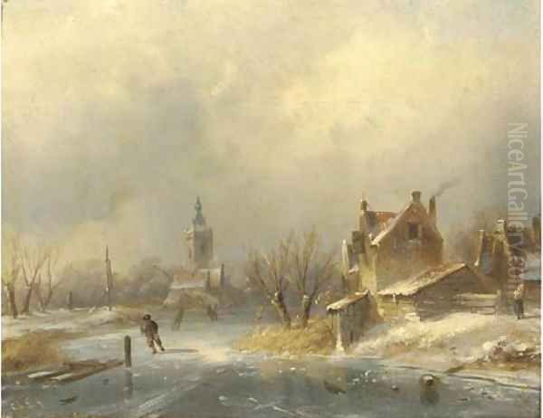 Figures on a frozen waterway Oil Painting by Charles Henri Leickert