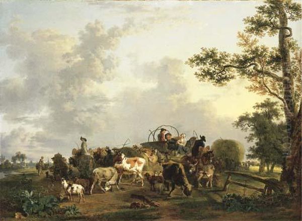 Peasants And Livestock With Wagons Oil Painting by Jean Louis (Marnette) De Marne