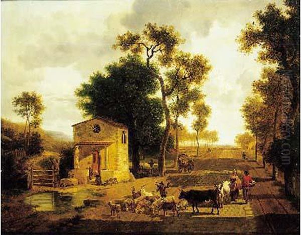 Bergers Et Leurs Troupeaux Sur Une Route Pavee Oil Painting by Jean Louis (Marnette) De Marne