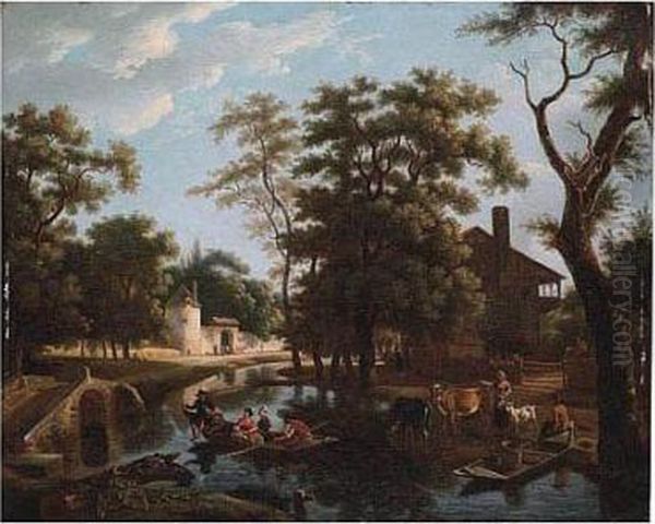 River Landscape With Ferryboats Near A Village Oil Painting by Jean Louis (Marnette) De Marne