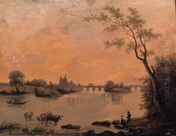 A River Landscape With Peasants On A Bank, Cattle Watering And Abridge Beyond Oil Painting by Jean Louis (Marnette) De Marne