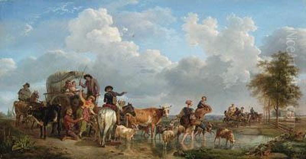 Peasants With Carts And Cattle Crossing A Ford, A Castle In Anextensive Landscape Beyond Oil Painting by Jean Louis (Marnette) De Marne