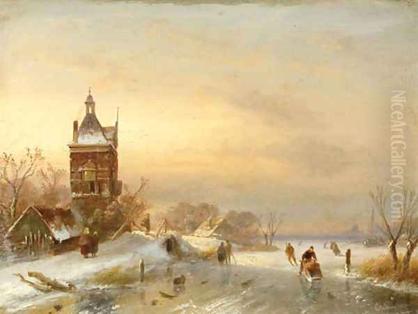 Figures on a frozen waterway 2 Oil Painting by Charles Henri Leickert