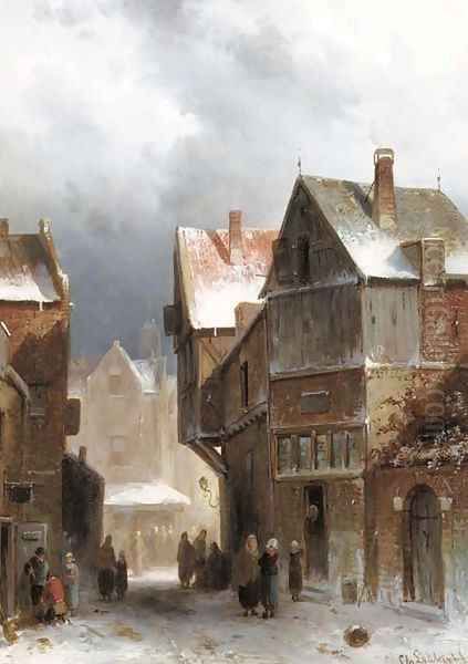 Figures on a street in winter Oil Painting by Charles Henri Leickert