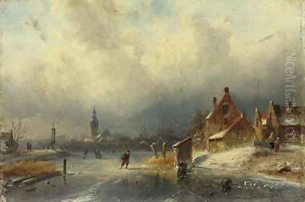 Figures on the ice by a Dutch town Oil Painting by Charles Henri Leickert