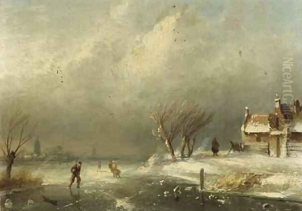 Figures skating on a frozen waterway on a windy day Oil Painting by Charles Henri Leickert