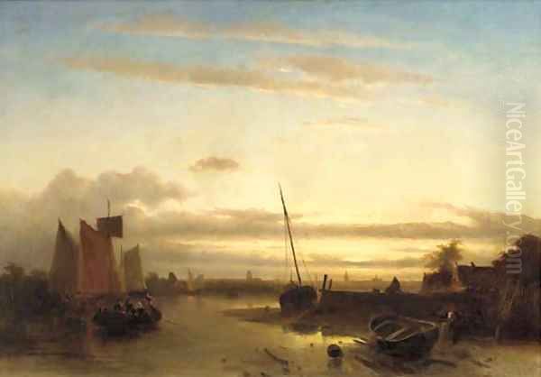 Low tide on the estuary Oil Painting by Charles Henri Leickert