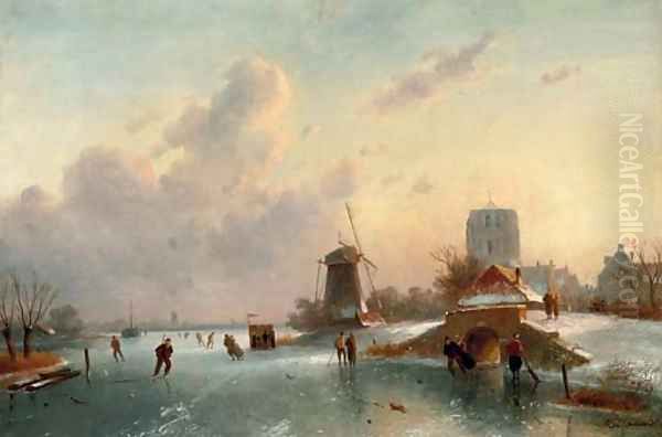 On the ice on a sunny day Oil Painting by Charles Henri Leickert