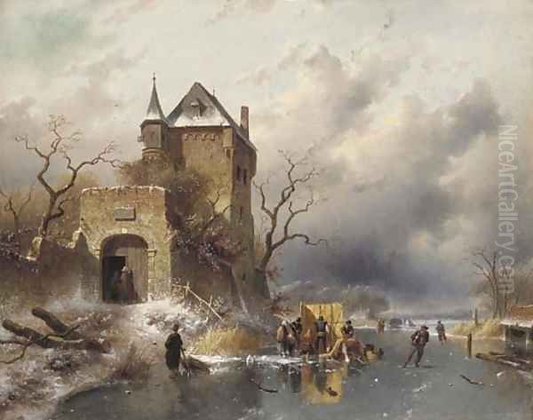 Skaters on a Frozen Lake by the Ruins of a Castle Oil Painting by Charles Henri Leickert