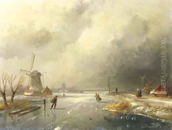 Skaters on a frozen river Oil Painting by Charles Henri Leickert