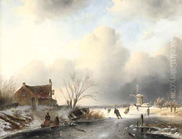 Skaters on a frozen waterway Oil Painting by Charles Henri Leickert