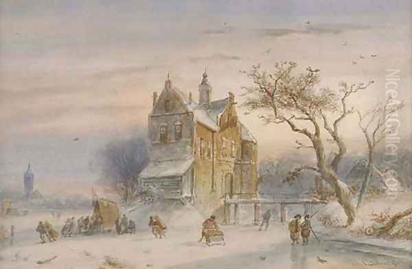 Skaters on the ice by a mansion Oil Painting by Charles Henri Leickert