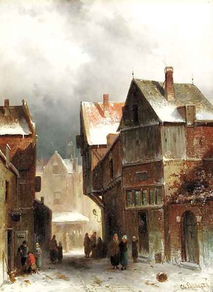 Townsfolk on a snowy street Oil Painting by Charles Henri Leickert