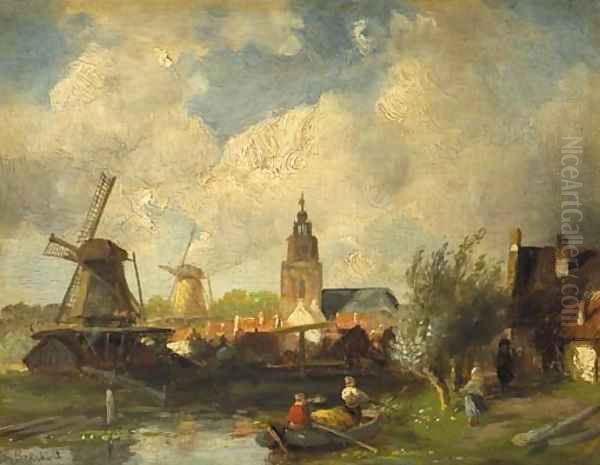 View of a town along a canal Oil Painting by Charles Henri Leickert