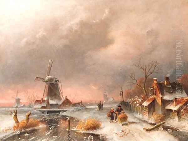 An evening winter landscape with windmills Oil Painting by Charles Henri Leickert