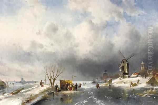 At the 'koek en zopie' in a panoramic winter landscape Oil Painting by Charles Henri Leickert