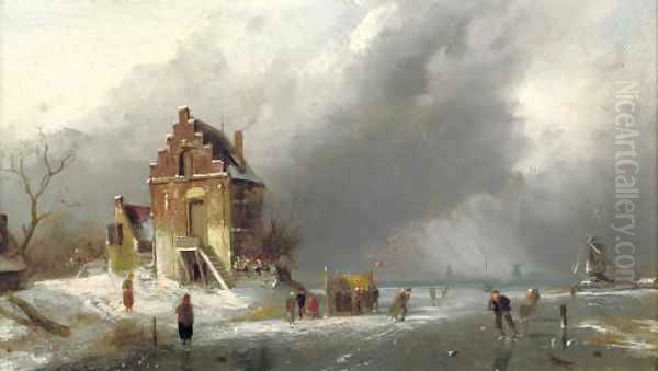 Skaters on a frozen Dutch waterway Oil Painting by Charles Henri Leickert