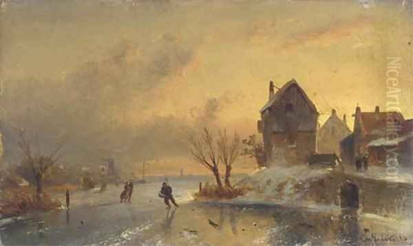 Skaters on a frozen river at dusk Oil Painting by Charles Henri Leickert