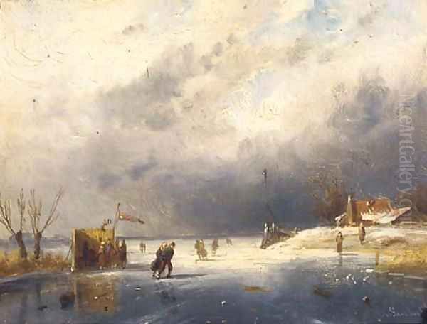 Skaters on the ice by a koek en zopie Oil Painting by Charles Henri Leickert