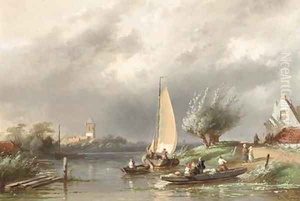 Summer a ferry crossing on a windy day Oil Painting by Charles Henri Leickert