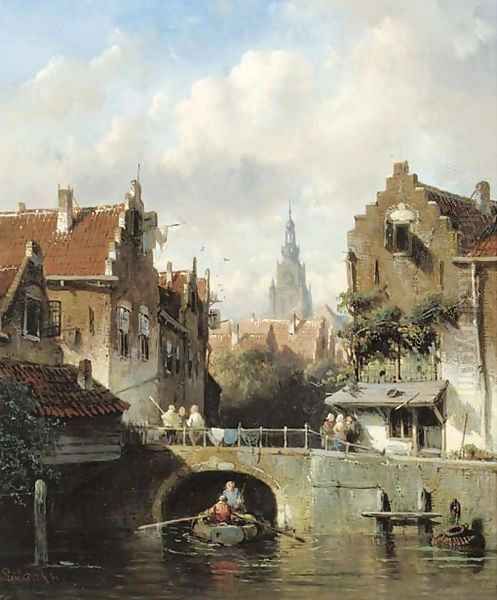 View of a canal in a Dutch town Oil Painting by Charles Henri Leickert