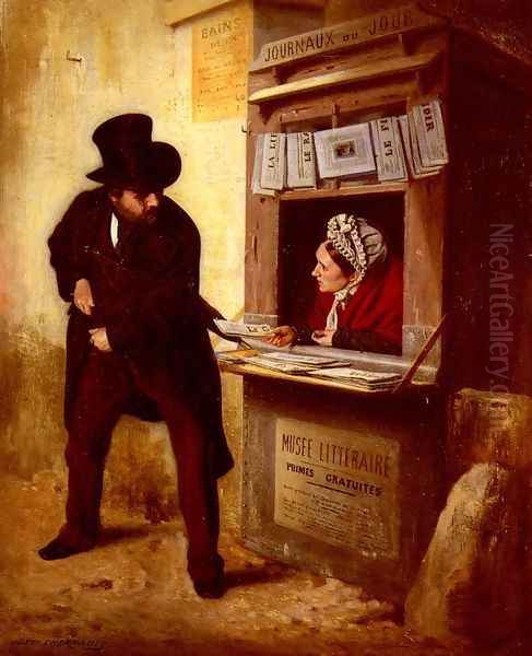 At The Newspaper Kiosk Oil Painting by Just L'Hernault