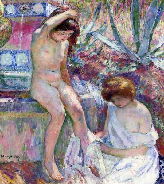 Marthe and Madame Lebasque at the Fountain Oil Painting by Henri Lebasque